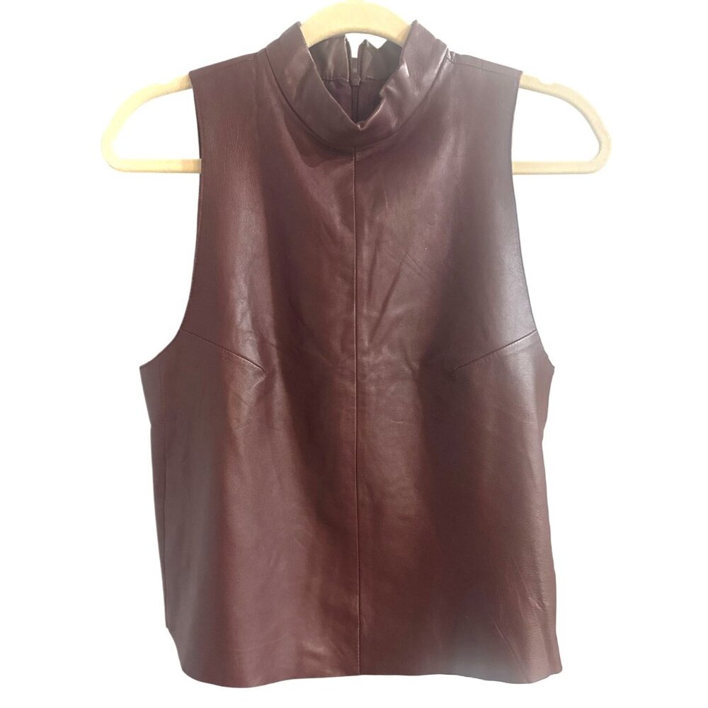 Veda Womens Genuine Leather Sleeveless Burgundy Top High Neckline size Small SM